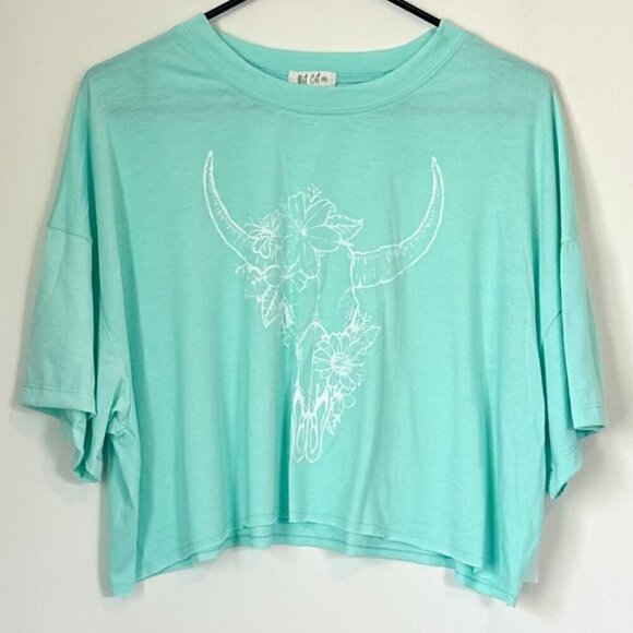 NWT Wst Cst Nordstrom Boxy Crop Oversized Mint White Cow Skull T-Shirt - XS - Picture 1 of 5